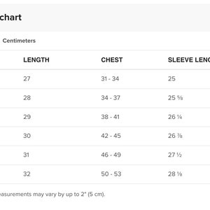 Peut inclure: Tableau des tailles pour v&ecirc;tements avec des mesures en pouces et en centim&egrave;tres. Le tableau montre les tailles XS &agrave; 2XL avec les mesures de longueur, de poitrine et de longueur des manches correspondantes.