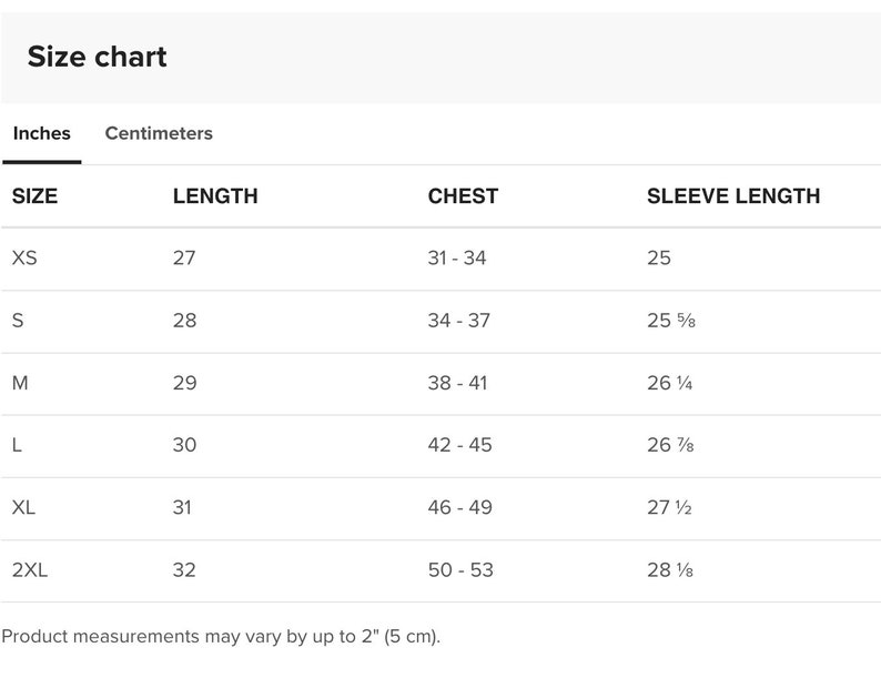 Peut inclure: Tableau des tailles pour v&ecirc;tements avec des mesures en pouces et en centim&egrave;tres. Le tableau montre les tailles XS &agrave; 2XL avec les mesures de longueur, de poitrine et de longueur des manches correspondantes.