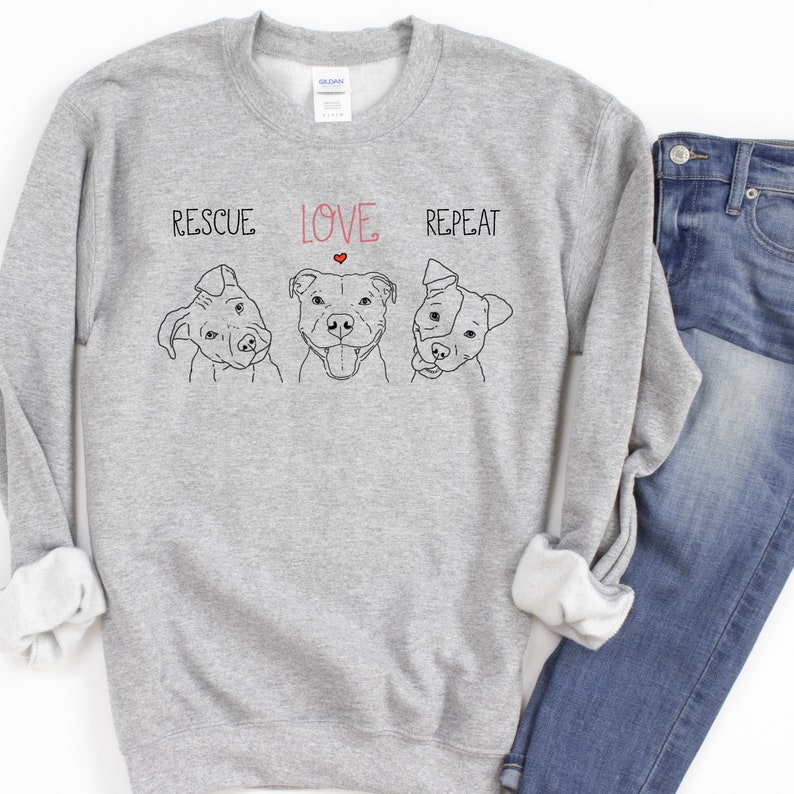 Rescue Love Repeat Sweatshirt, Rescue Dog Shirt, Pit Bull Shirt, Rescue Dog Mom, Animal Rescue Shirt, Dog Lover Gift, Dog Rescue Gift Sport Grey