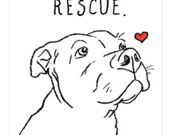 May include: Black and white line drawing of a dog's head with the word "RESCUE." written above it. A small red heart is drawn in the upper right corner of the image.