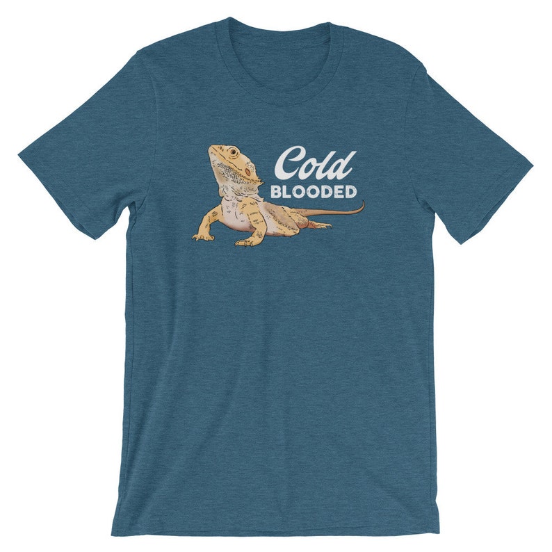 May include: A teal blue t-shirt with a cartoon image of a bearded dragon and the text "Cold Blooded" in white.
