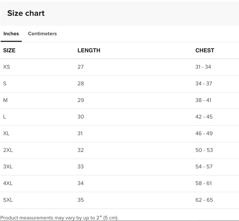 May include: Size chart for clothing with measurements in inches and centimeters. The chart shows sizes XS through 5XL with corresponding length and chest measurements.