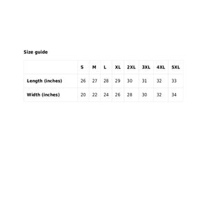 May include: Size guide chart for clothing with measurements in inches. The chart shows sizes from S to 5XL with corresponding length and width measurements.