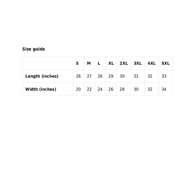 May include: Size guide chart for clothing with measurements in inches. The chart shows sizes from S to 5XL with corresponding length and width measurements.