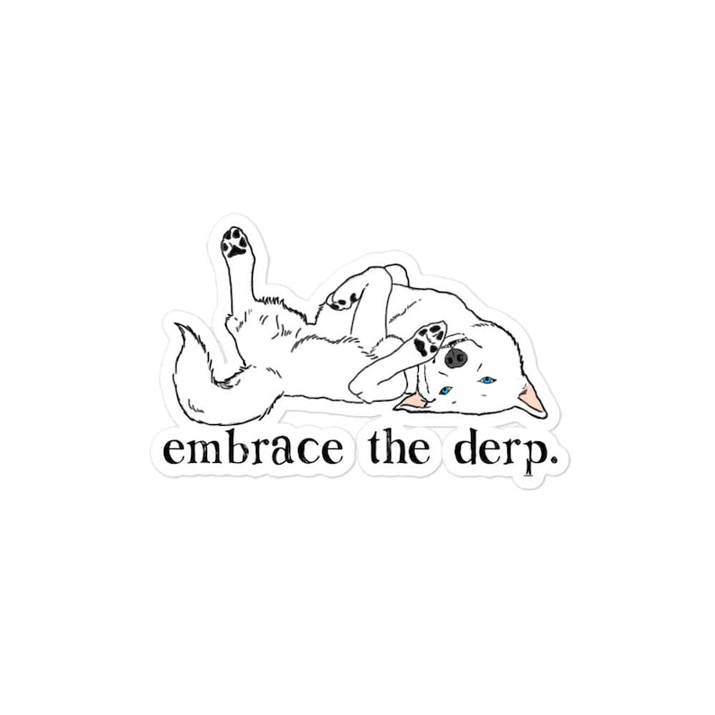 May include: A white dog with blue eyes is lying on its back with its paws in the air. The dog is looking up at the camera with a goofy expression. The text "embrace the derp." is written below the dog.