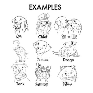 Puede incluir: Dibujos en blanco y negro de nueve mascotas diferentes, incluyendo perros, un gato y un lagarto. Cada mascota tiene un nombre escrito debajo, como Gus, Chief, Sam y Ellie, Gracie, Jasmine, Drago, Tank, Sammy y Petunia.