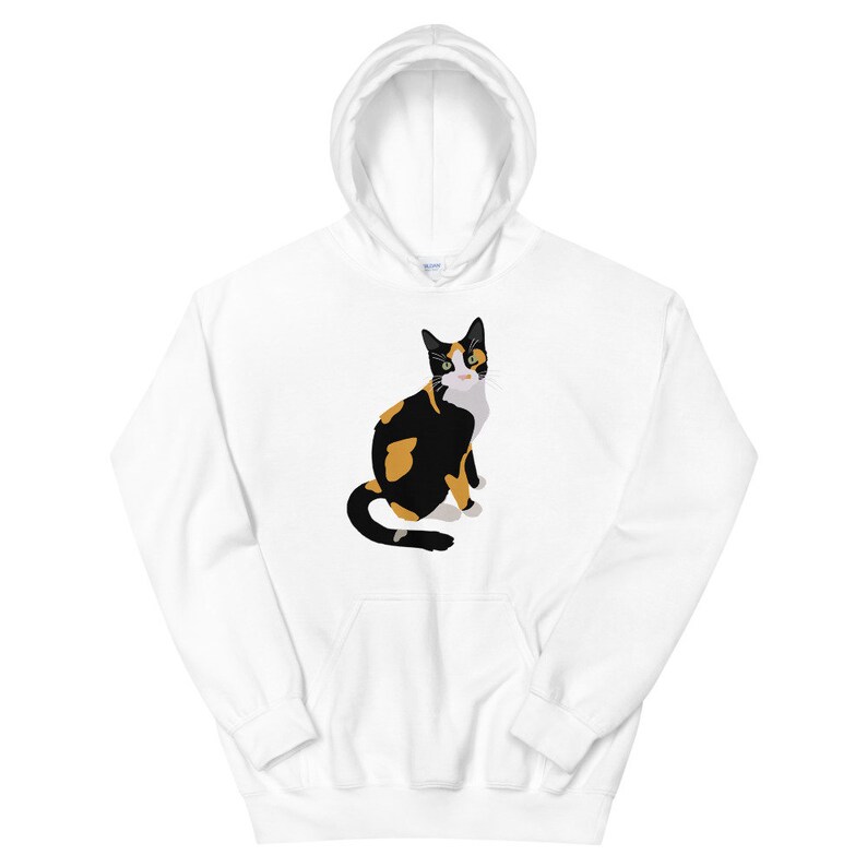 May include: White hoodie with a black, orange, and white cat illustration on the front.