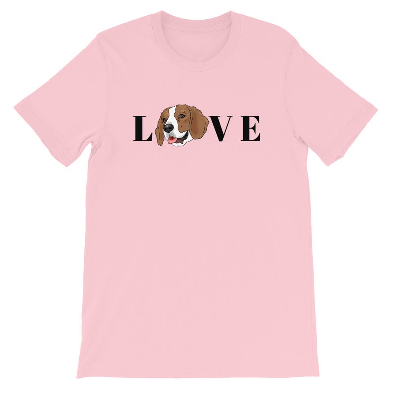 May include: Pink t-shirt with a black graphic of a beagle dog and the word "LOVE" on it.
