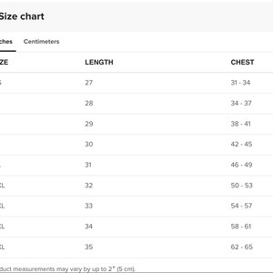 May include: Size chart for clothing with measurements in inches and centimeters. The chart shows sizes XS through 5XL with corresponding length and chest measurements.