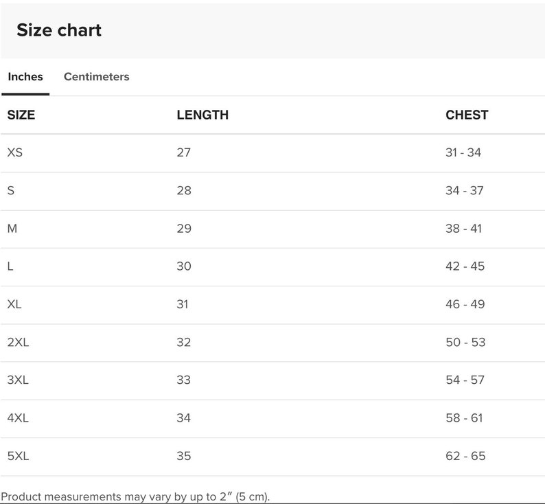 May include: Size chart for clothing with measurements in inches and centimeters. The chart shows sizes XS through 5XL with corresponding length and chest measurements.