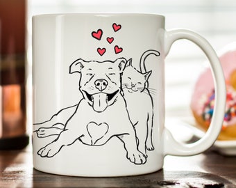 Pittie and Kitty Mug, Pitbull Mom, Cat Mom, Pitbull Lover, Cats and Dogs, Cute Pittie, Cute Kitty, Pitbull Gift,  Adopt Don't Shop