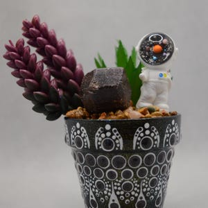 May include: A decorative black and white patterned pot with a miniature astronaut figurine, a dark brown stone, and faux succulents. The astronaut's helmet is filled with a galaxy design. The text "Option 1" is at the top.