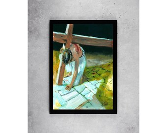 Jesús cargando la cruz Acuarela Lámina Póster
