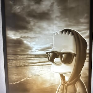 May include: A black and white image of a cartoon character wearing sunglasses and a hooded sweatshirt. The character is standing on a beach with the ocean in the background.