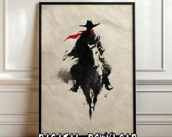 Impression d'art de cow-boy sumi-e zen | Lavis d'encre japonais | Décoration murale minimaliste en téléchargement numérique 4800 x 7200 pixels 300 dpi