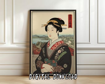 Impression d'art Ukiyo-e Geisha | Beauté japonaise inspirée de Mona Lisa | Décoration murale asiatique traditionnelle | Téléchargement numérique