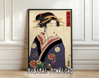 Impression d'art drôle Ukiyo-e Geisha | Style de gravure sur bois japonais avec écouteurs modernes | Téléchargement numérique