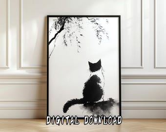 Chat japonais Sumi-e sous le saule | Peinture à l'encre zen | Art mural noir et blanc minimaliste à téléchargement numérique