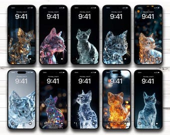 Lot de 10 fonds d'écran en verre pour téléphone, chats en cristal, téléchargement numérique HD de 1632 x 2912 pixels