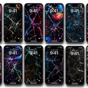 Cracked Screen Wallpaper Bundle - 12 Realistic Broken Glass Phone Backgrounds - 1632x2912px HD Digital Download