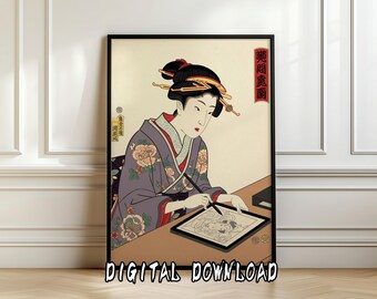 Art numérique drôle de geisha d'Ukiyo-e | Tablette rétro japonaise | Impression d'art mural décalé | Esthétique japonaise geek | Téléchargement numérique
