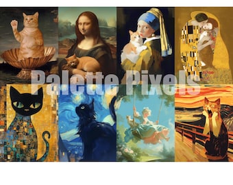 Impressions numériques de chat d'art célèbre (lot de 8) | Décoration murale parodie d'art IA | Ensemble d'impressions chat drôle à téléchargement immédiat | Mona Lisa Klimt Vermeer
