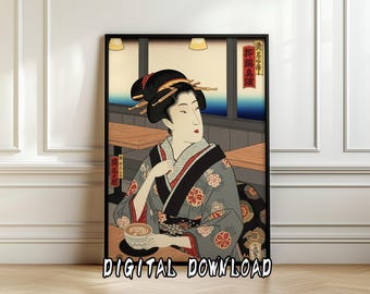 Impression d'art drôle Ukiyo-e Geisha | Décoration murale unique de café japonais | Téléchargement numérique
