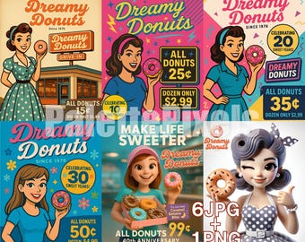 Ensemble d'affiches fictives de boutique de donuts - Art mural rétro Dreamy Donuts (6 JPG + logo PNG) | Téléchargement numérique | Déco de café vintage 3600x4500px