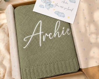 Personalised Embroidered Baby Blanket | Knitted Cotton Baby Blanket | Custom Name Blanket | Newborn Gift | Baby Shower Gift | Baby Keepsake