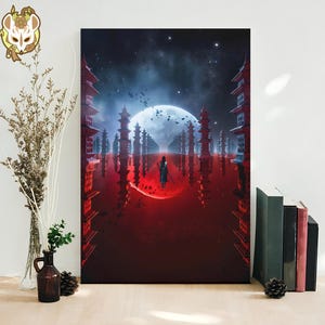 May include: A canvas print depicts a surreal landscape with red pagodas, a full moon, and a figure in the distance. The artwork features a vibrant color palette of red, blue, and white, creating a dramatic and atmospheric scene.