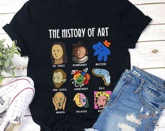 May include: Black t-shirt with a white graphic of the history of art. The graphic features cartoon illustrations of famous artists and their signature styles, including Da Vinci, Rembrandt, Matisse, Van Gogh, Kandinsky, Dali, Munch, Picasso, and Warhol.