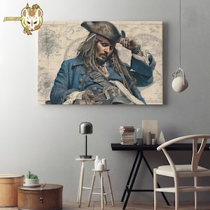 May include: A canvas print featuring a portrait of a pirate in a blue coat and tricorn hat, set against a vintage map background. The pirate is depicted with long dreadlocks and a red bandana, with a contemplative expression.