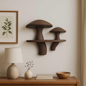 Könnte beinhalten: Ein braunes, pilzförmiges Wandregal mit zwei Ablagen. Das Regal ist aus Holz gefertigt und hat ein skurriles Design. Das Regal ist an einer weißen Wand befestigt. Ein gerahmter botanischer Druck, eine Lampe und andere dekorative Gegenstände befinden sich auf einem Holztisch.