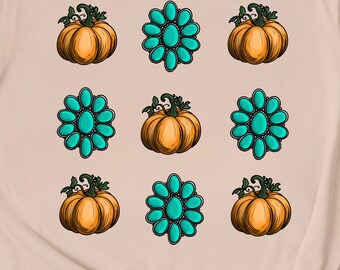 Calabaza turquesa PNG / Descarga digital de otoño occidental / Diseño de sublimación de flor de calabaza / Camiseta rústica de otoño PNG / Gráfico digital de camiseta