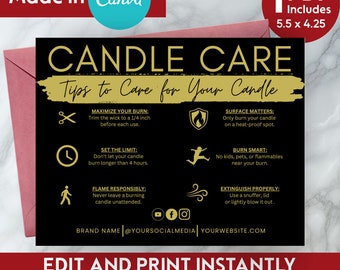 Black Gold Candle Care Card | Editable Template Design With Canva | Candle Care Card Template DIGITAL DOWNLOAD | 1 Editable Candle Care Card