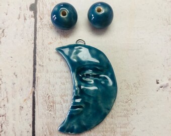 Handmade Man on the Moon Pendant and Bead Set in Navy