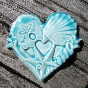 Ceramic Shell Heart Pendant in Translucent Blue