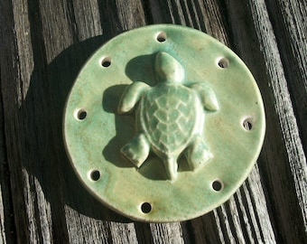 Handmade Patina Green Ceramic Turtle Pine Needle Basket Base