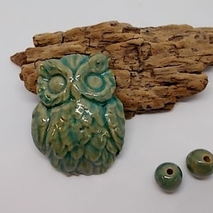 Handmade Ceramic Owl Pendant and Bead Set