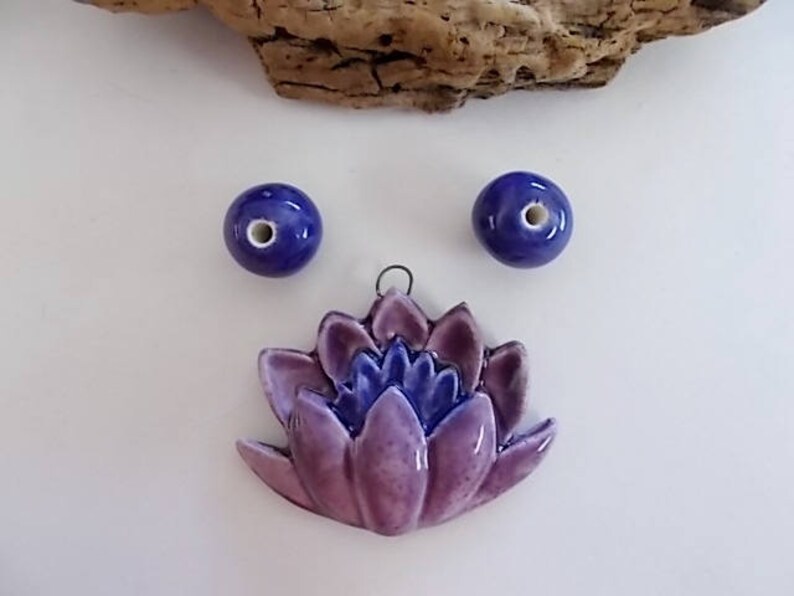Handmade Ceramic Lotus Flower Pendant and Bead Set
