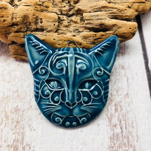 Handmade Ceramic Cat Face Pendant in Navy