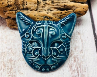 Handmade Ceramic Cat Face Pendant in Navy