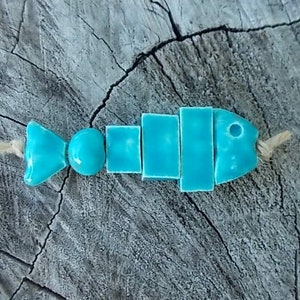 Handmade Turquoise Shiny Ceramic Fish Bones Pendant