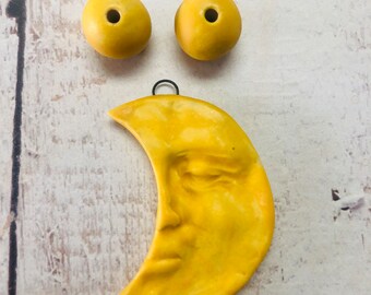Handmade Man on the Moon Pendant and Bead Set in Bright Yellow