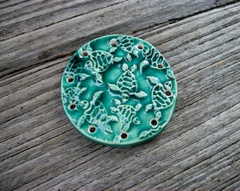 Handmade Ceramic Turtle Pine Needle Basket Base in Sea Green