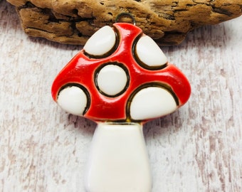 Handmade Ceramic Mushroom Pendant in Red and White