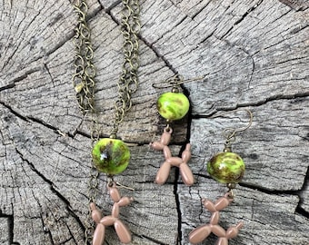 Handmade Ceramic and Acrylic Balloon Dog Necklace and Earrings Set in Brown and Lime Green