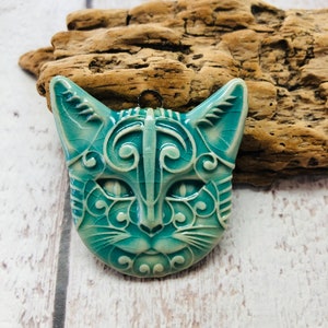 Handmade Ceramic Cat Face Pendant in Sea Green