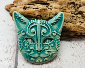 Handmade Ceramic Cat Face Pendant in Sea Green