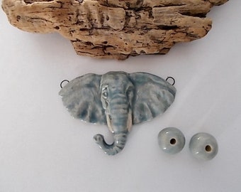 Handmade Ceramic Elephant Pendant and Bead Set
